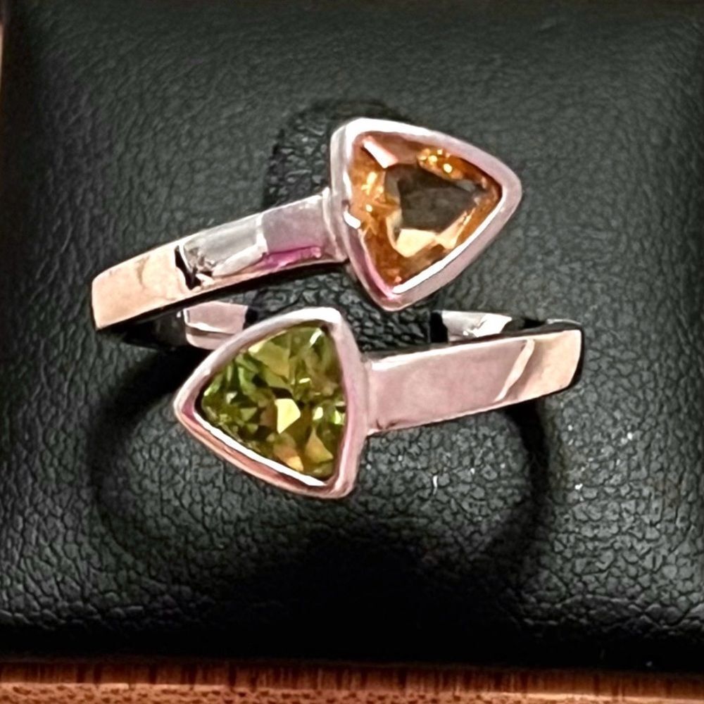 Artisan Peridot Citrine Bypass Sterling Silver Ring Size 8